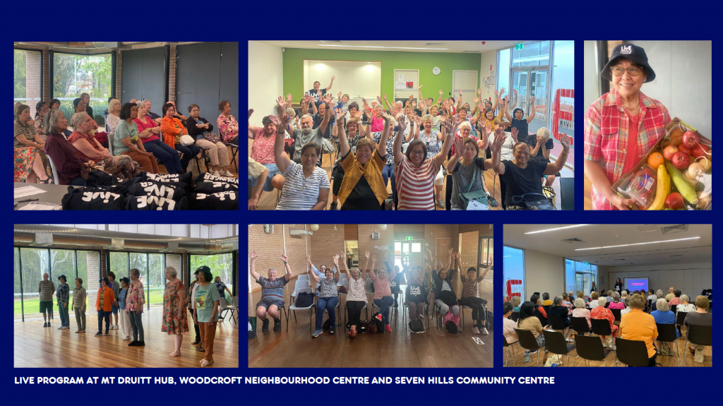 Photo collage of people participating in the Live Young Longer Program at Mount Druitt Hub, Woodcroft Neighbourhood Centre and Seven Hills Community Centre